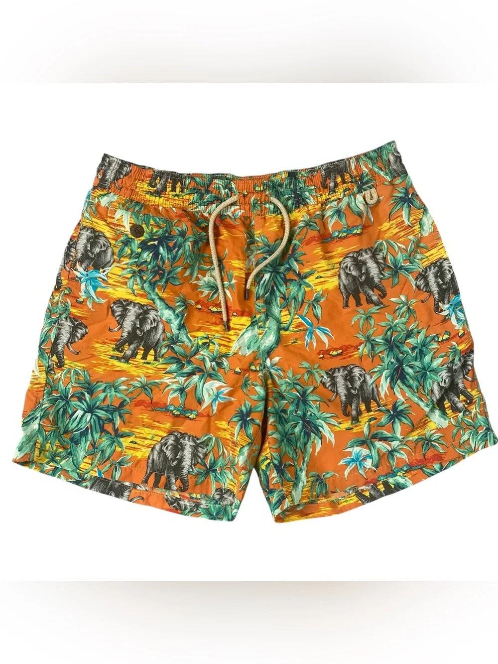 Polo Ralph Lauren Elephant Tropical Print Swim Trunks Men’s L Orange Mesh Lined